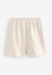 Lyse beige shorts med elastisk talje, der har en glat overflade og enkelt design. Ingen lommer eller yderligere detaljer synlige.
