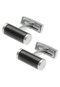Schwarze zylindrische Manschettenknöpfe mit Chromakzenten, ausgestattet mit einer polierten Oberfläche und einem schwenkbaren Design für einfaches Anlegen.