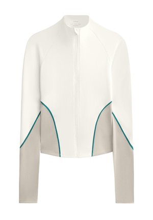 Jachetă albă cu fermoar și mâneci lungi, având panouri laterale gri și accente turquoise de-a lungul cusăturilor. Material neted cu un design ajustat.