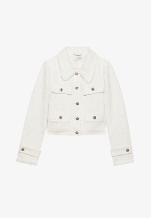 Biela skrátená bunda vyrobená z texturovanej látky, s kožušinovým golierom, kovovými gombíkmi a dvomi prednými vreckami so zapínaním na chlopne.