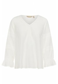 Blusa bianca a V con maniche lunghe, dettagli in pizzo e polsini a volant, realizzata in un tessuto leggero e morbido. Design casual.