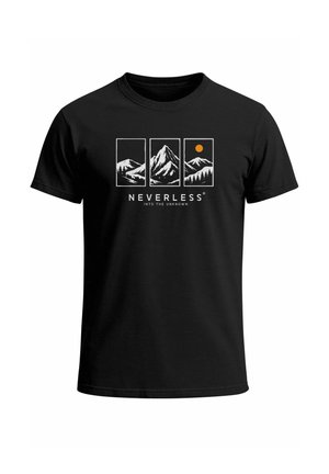 Black cotton t-shirt featuring a mountain graphic in white and orange, with the text "NEVERLESS into the unknown" underneath.