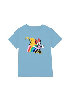Light blue short-sleeve T-shirt featuring a graphic of a character with a red bow, text “I’m 3,” and a rainbow design. Soft cotton material.