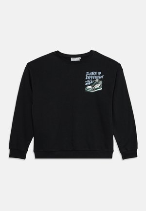 Sort langærmet sweatshirt med grafik af en sneaker og teksten "Dare to different, be unique" på øverste venstre bryst.