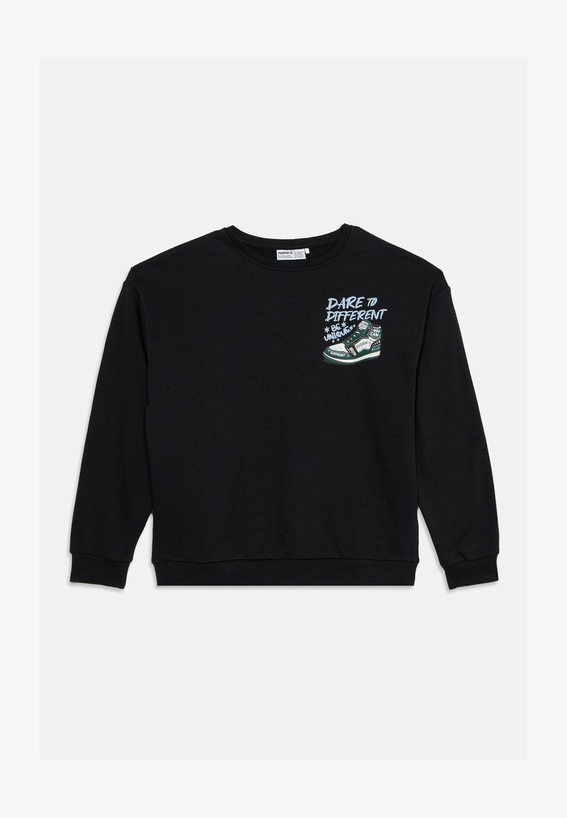 Sweat-shirt noir à manches longues avec un graphique de basket et le texte "Dare to different, be unique" sur la partie supérieure gauche de la poitrine.
