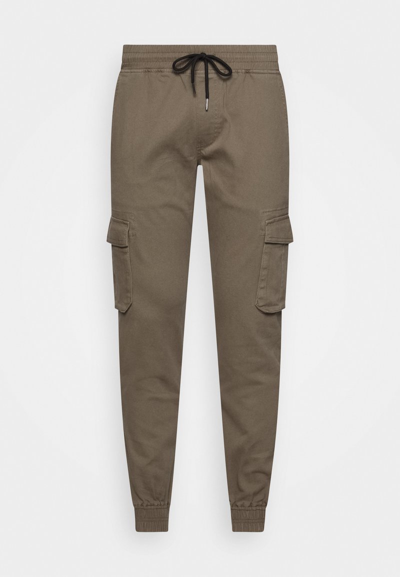 Cargo pants van olijfgroene stof met een elastische tailleband en trekkoord, voorzien van zijzakken en taps toelopende boorden bij de enkels.