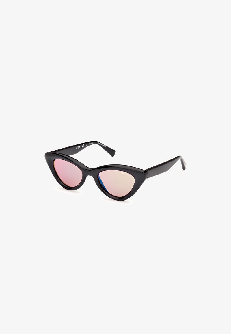 Ochelari de soare negri tip cat-eye cu lentile mirroare roz și albastre. Ramă din plastic cu linii elegante și vârfuri ascuțite; logo subtil pe bradă.