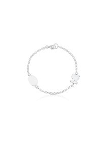 Bracciale in argento con un ciondolo ovale e un design floreale, dotato di chiusura a gancio e di una delicata catena. Texture liscia e stile minimalista.