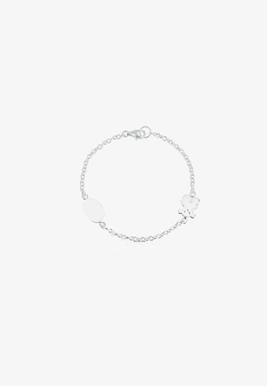 Silver bracelet with an oval charm and a floral design, featuring a lobster clasp closure and a delicate chain. Smooth texture and minimalist style.
