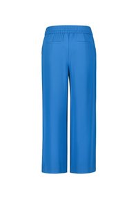 Pantalon bleu à jambes larges avec taille élastique et deux poches passepoilées à l'arrière, présenté de dos sur un fond blanc.