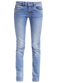 Svetle modré skinny džíny vyrobené z denimu, s klasickým pětipocketovým designem, jemným vyblednutím a mírným zasyčením na stehnech.