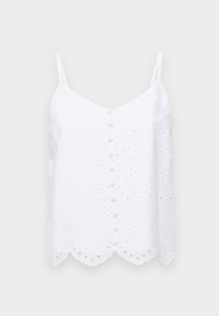 White camisole with adjustable straps, embroidered floral pattern, scalloped hem, and front button detail. Lightweight fabric, casual design.