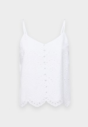 Camisola albă cu bretele ajustabile, model floral brodat, tiv ondulat și detaliu cu nasturi în față. Material ușor, design casual.