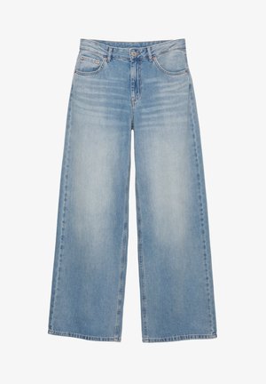 Džíny s širokými nohavicemi z světle modrého denimu, s vysokým pasem, jemným prošedivěním a klasickým designem pěti kapes s kovovými nýty.