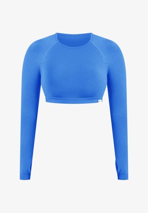 Maglietta atletica cropped a maniche lunghe di un brillante blu, con scollatura arrotondata e fori per il pollice sulle maniche, progettata per l'abbigliamento sportivo.