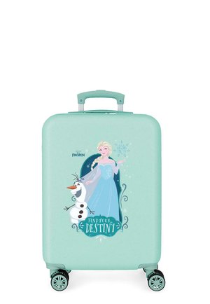 Maleta infantil verde menta con Elsa y Olaf de Frozen, adornada con copos de nieve y el texto "Encuentra tu destino" en el panel frontal.