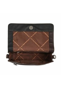 Interieur van een bruine leren portemonnee, met een donkere bovenflap, voorzien van een logo drukknopsluiting en een gestreepte bruin voering met de tekst "The Chesterfield Brand".