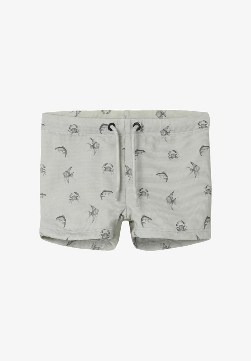 Costume da bagno grigio con un motivo testurizzato che presenta disegni di pesci neri e granchi. Include una coulisse regolabile in vita.