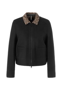 Black zip-up jacket with a leopard print collar, featuring two front pockets and a cropped design. Made from textured fabric.
