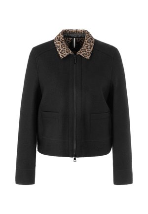 Black zip-up jacket with a leopard print collar, featuring two front pockets and a cropped design. Made from textured fabric.