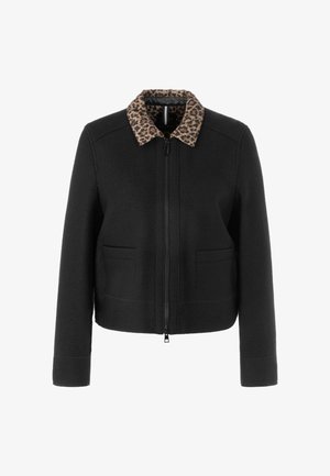 Black zip-up jacket with a leopard print collar, featuring two front pockets and a cropped design. Made from textured fabric.