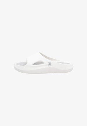 White slide sandal featuring a smooth, rounded design. Material appears to be rubber, with ventilation cutouts and minimal hardware accents.