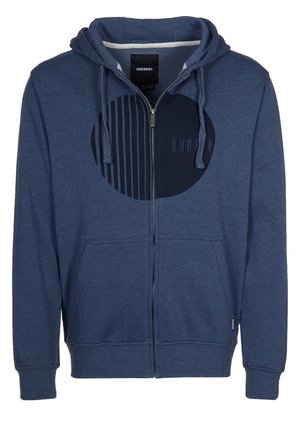Zip-up hoodie made of soft navy fabric. Features a round graphic with vertical stripes, front pockets, and drawstring hood. Simple and practical design.