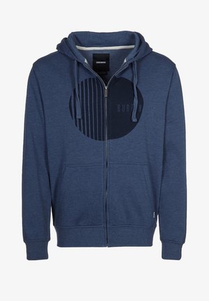 Zip-up hoodie made of soft navy fabric. Features a round graphic with vertical stripes, front pockets, and drawstring hood. Simple and practical design.