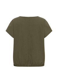 Blouse courte à manches courtes couleur vert olive avec un col rond et un ourlet élastiqué, vue de dos.