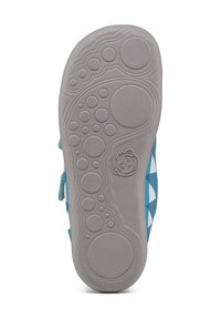 Suola di scarpa blu per bambini con un design testurizzato caratterizzato da motivi circolari e ondulati, e un logo al centro.