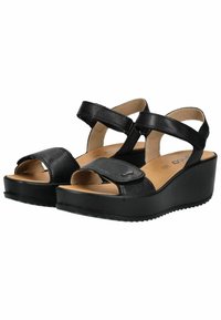 Sandali con zeppa nera, dotati di due ampie cinghie, fibbia regolabile, parte superiore in pelle texturizzata e suola interna imbottita per il massimo comfort.