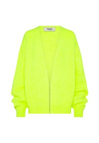 Neon yellow knit cardigan featuring a loose fit, open front, ribbed cuffs, and textured fabric for added visual interest.