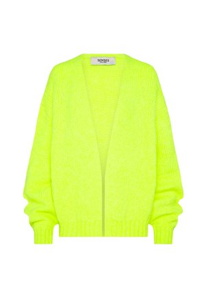 Neon yellow knit cardigan featuring a loose fit, open front, ribbed cuffs, and textured fabric for added visual interest.