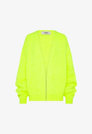 Neon yellow knit cardigan featuring a loose fit, open front, ribbed cuffs, and textured fabric for added visual interest.