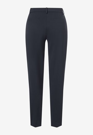 Navy blue tailored trousers with slim legs, belt loops, and two back welt pockets against a plain white background.