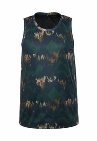 Camisetta senza maniche in mesh verde e blu navy con un motivo geometrico e accenti beige. Collo e orlo arrotondati per un fit rilassato.
