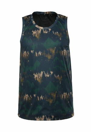 Ärmelloses Netz-Tanktop in Grün und Marineblau mit einem geometrischen Muster und beigen Akzenten. Gerundeter Halsausschnitt und Saum für eine lockere Passform.