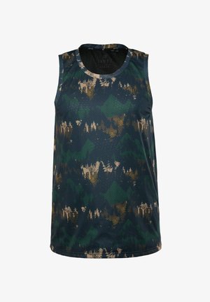 Ärmelloses Netz-Tanktop in Grün und Marineblau mit einem geometrischen Muster und beigen Akzenten. Gerundeter Halsausschnitt und Saum für eine lockere Passform.