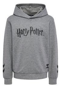 Grijze hoodie van zachte stof met een zwart "Harry Potter" tekstontwerp, een kangoeroezak en zwarte chevronaccenten op de mouwen.