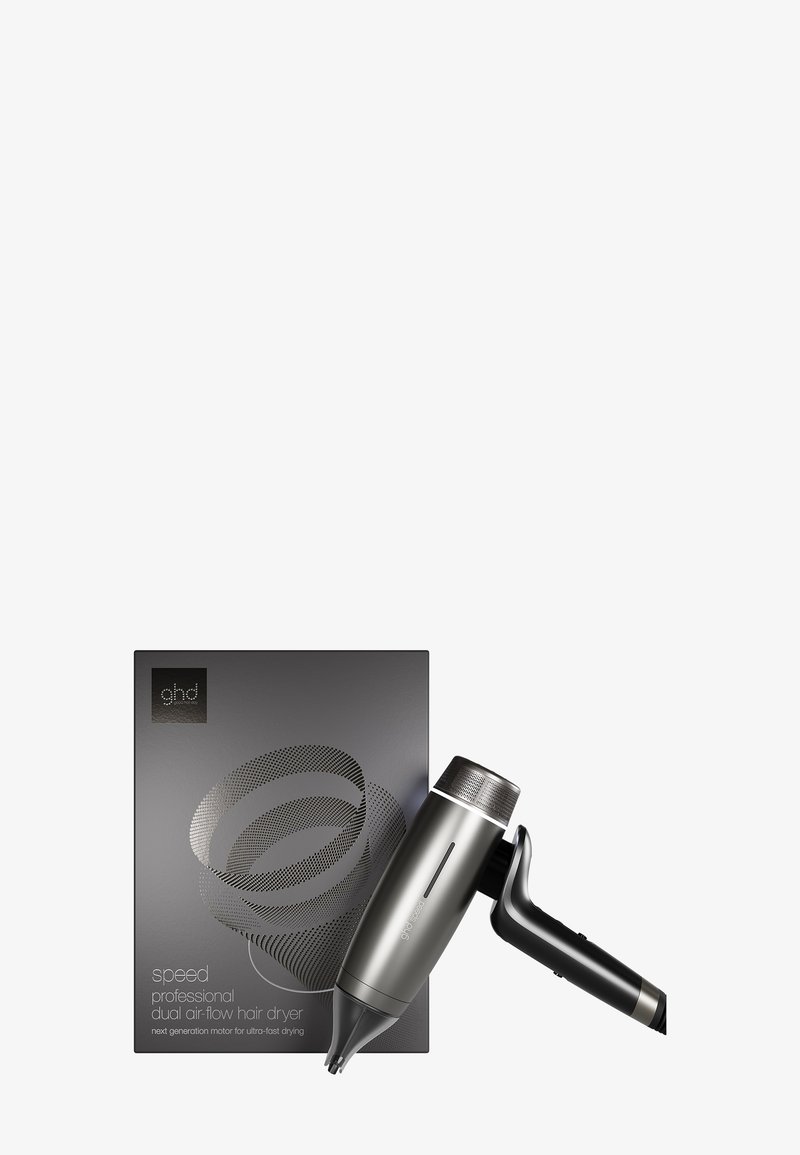 Sèche-cheveux professionnel à double flux d'air au design élégant noir et argent, présenté à côté de son emballage noir ornée de graphiques en spirale argentés.