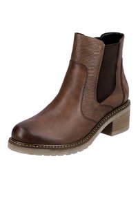 Brown leather ankle boot with a textured side panel, elastic gore, and a low block heel. Features a stitched accent around the sole.