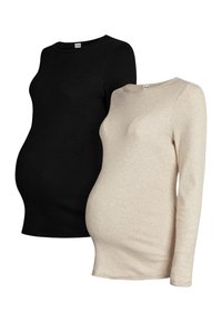 Twee zwangerschaps Truien met lange mouwen in zwart en beige, aangesloten om de vorm van de babybuik te benadrukken, weergegeven op onzichtbare paspoppen.