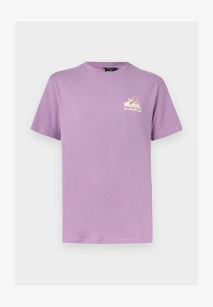 Lavender short-sleeve crew neck t-shirt with small Quiksilver logo featuring a wave and a planet on the left chest.