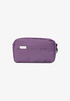 Purple fabric pouch with a textured surface, featuring a front pocket and a zipper closure. Branding tag on the side.Compact and rectangular shape.