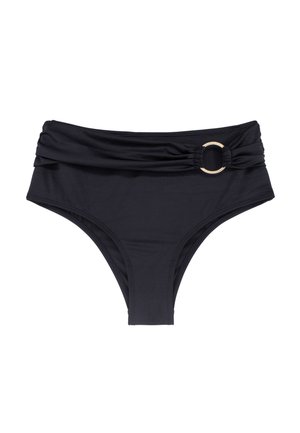 Hoge taille zwarte bikini onderkant met geplooide stof, voorzien van een zijaccent met een ronde gouden hardware detail. Soepele, rekbare stof.