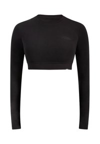 Zwart crop-top shirt met lange mouwen gemaakt van een gladde, rekbare stof. Heeft een ronde halslijn en een klein logo op de borst.