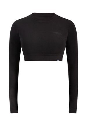 Zwart crop-top shirt met lange mouwen gemaakt van een gladde, rekbare stof. Heeft een ronde halslijn en een klein logo op de borst.