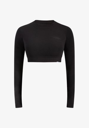 Czarna krótka koszulka z długim rękawem wykonana z gładkiej, elastycznej tkaniny. Posiada okrągły dekolt oraz małe logo na piersi.