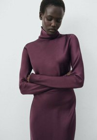 Burgundy turtleneck dress made of smooth, stretchy fabric. Fitted design with long sleeves, minimalistic style, and no visible patterns or accents.