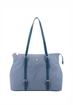 Blaue Handtasche mit langen türkisfarbenen Trägern, goldenen Schnallendetails, einem goldenen Pferdelogo und einem oberen Reißverschluss.